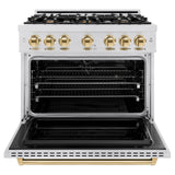 ZLINE Autograph Edition 36 in. 5.2 cu. ft. Classic Dual Fuel Range with 6 Burner Gas Cooktop and Electric Convection Oven in DuraSnow' Stainless Steel with Polished Gold Accents (CDRSZ-36-G)