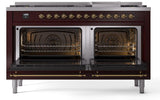 Nostalgie II 60 Inch Dual Fuel Liquid Propane Freestanding Range in Burgundy with Brass Trim