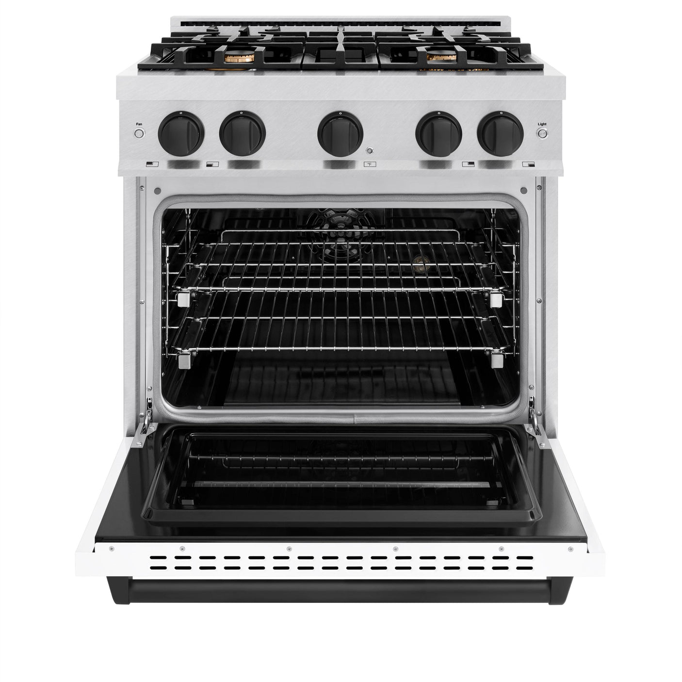 ZLINE Autograph Edition 30 in. 4.2 cu. ft. Classic Dual Fuel Range with 4 Burner Gas Cooktop and Electric Convection Oven in DuraSnow' Stainless Steel with White Matte Door and Matte Black Accents (CDRSZ-WM-30-MB)