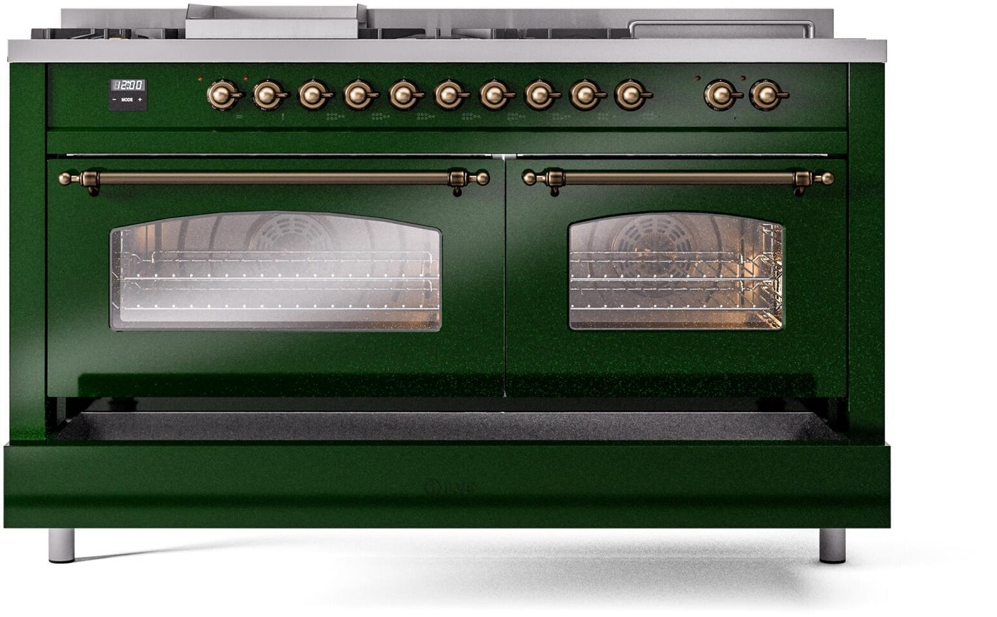 Nostalgie II 60 Inch Dual Fuel Natural Gas Freestanding Range in Emerald Green with Bronze Trim