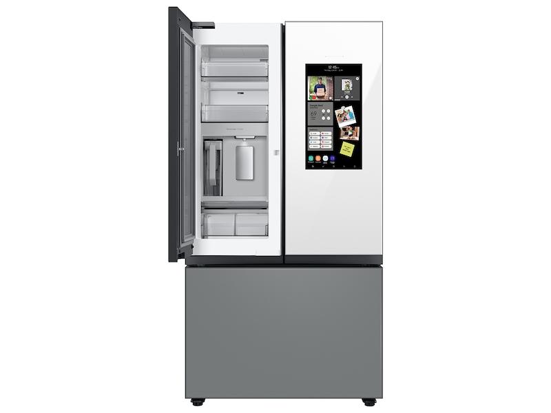 Bespoke 3-Door French Door Refrigerator (30 cu. ft.) - with Top Left and Family Hub™ Panel in White Glass - and Matte Grey Glass Bottom Door Panel