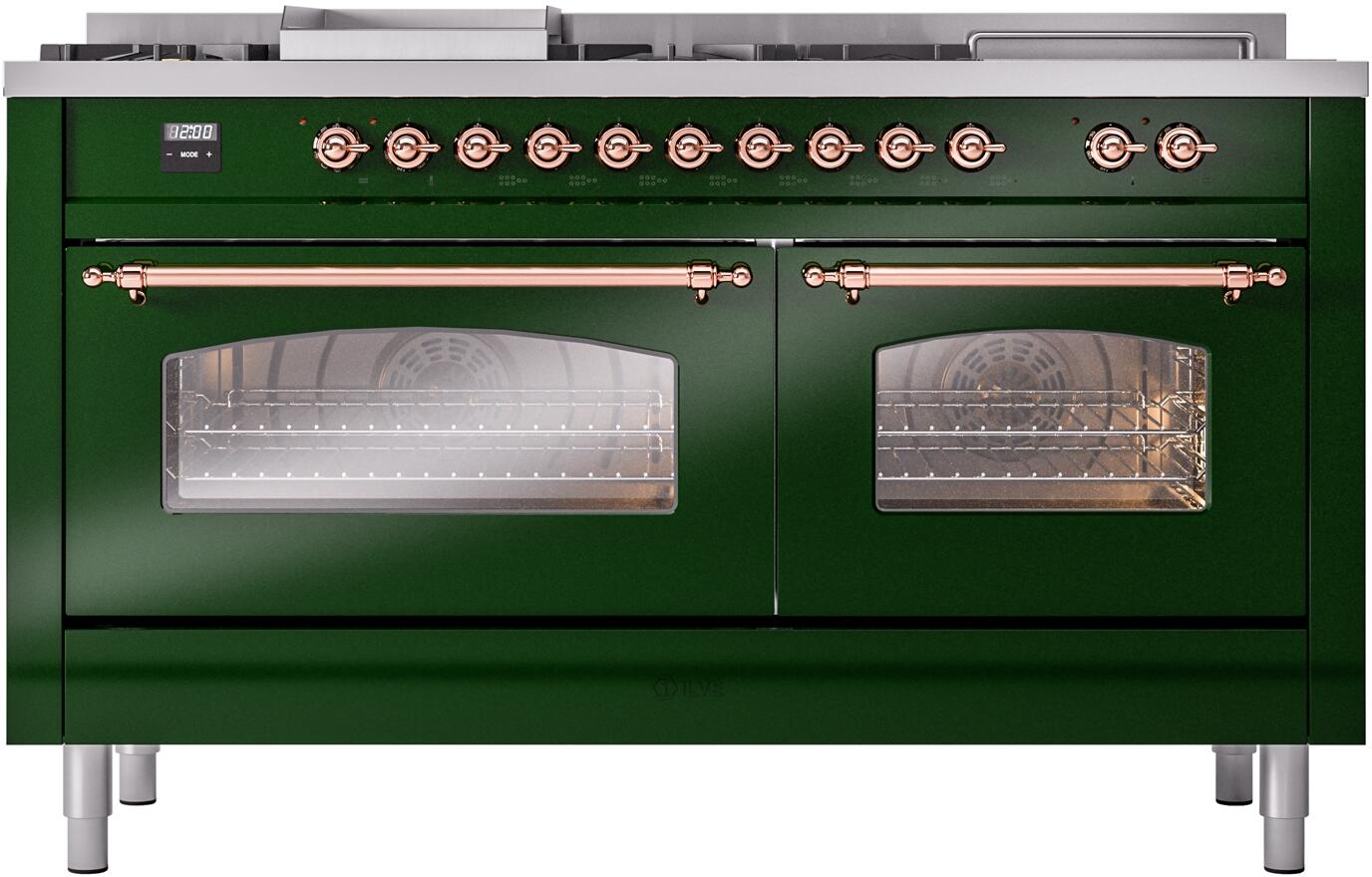 Nostalgie II 60 Inch Dual Fuel Natural Gas Freestanding Range in Emerald Green with Copper Trim