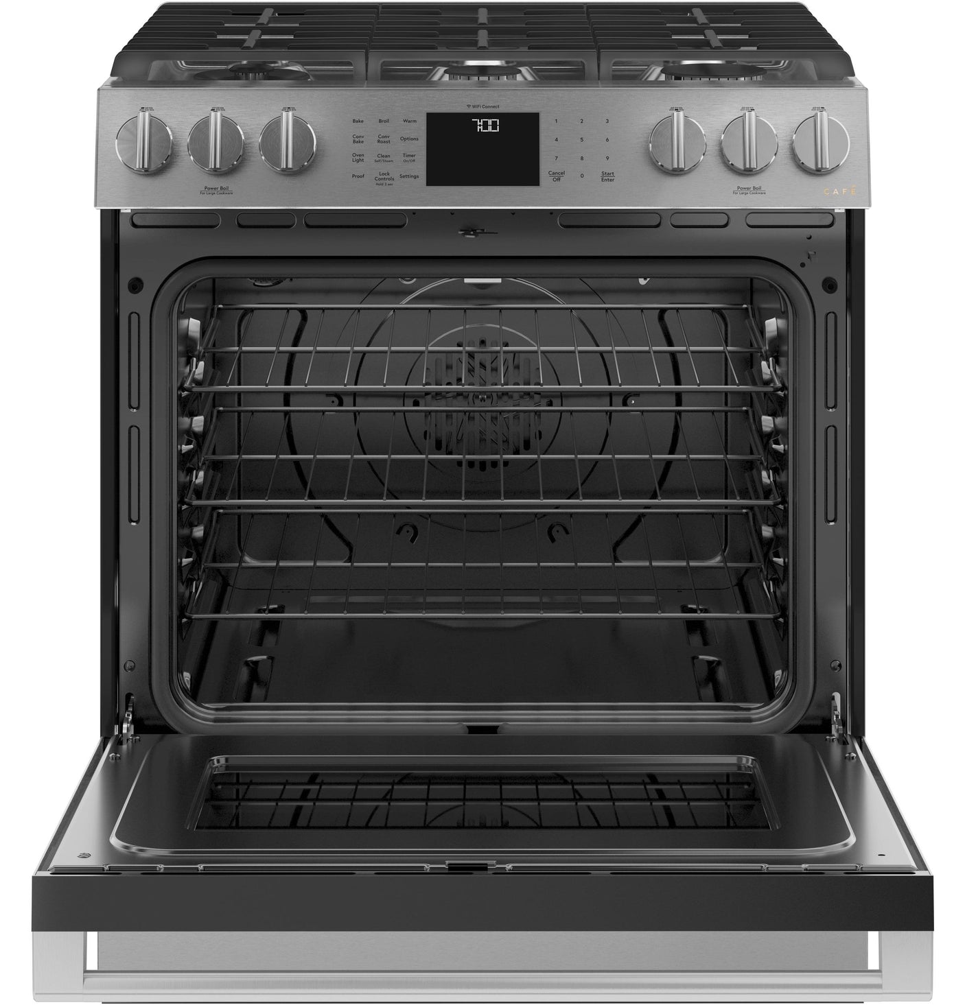 Café™ 30" Smart Slide-In, Front-Control, Gas Range with Convection Oven in Platinum Glass