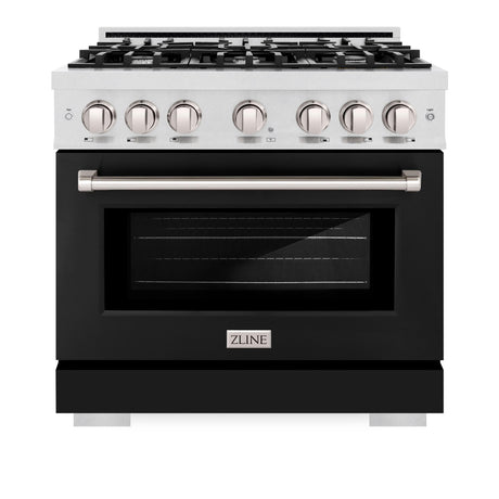 ZLINE 36 in. 5.2 cu. ft. Select Gas Range with 6 Burner Cooktop and Convection Gas Oven in DuraSnow' Stainless Steel with Black Matte Door (HGRS-BLM-36)