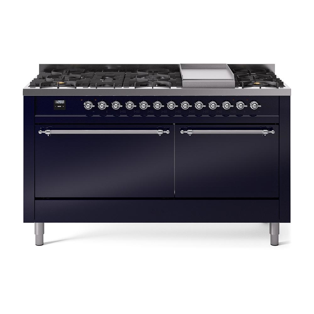 ILVE Nostalgie II 60 UP60FQNMPMBC Freestanding Dual Fuel Range with 9 Sealed Burners Yes Double Oven with Solid Door in Midnight Blue with Chrome knobs