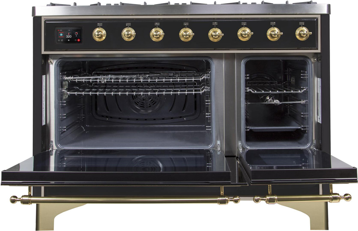 Majestic II 48 Inch Dual Fuel Natural Gas Freestanding Range in Glossy Black with Brass Trim