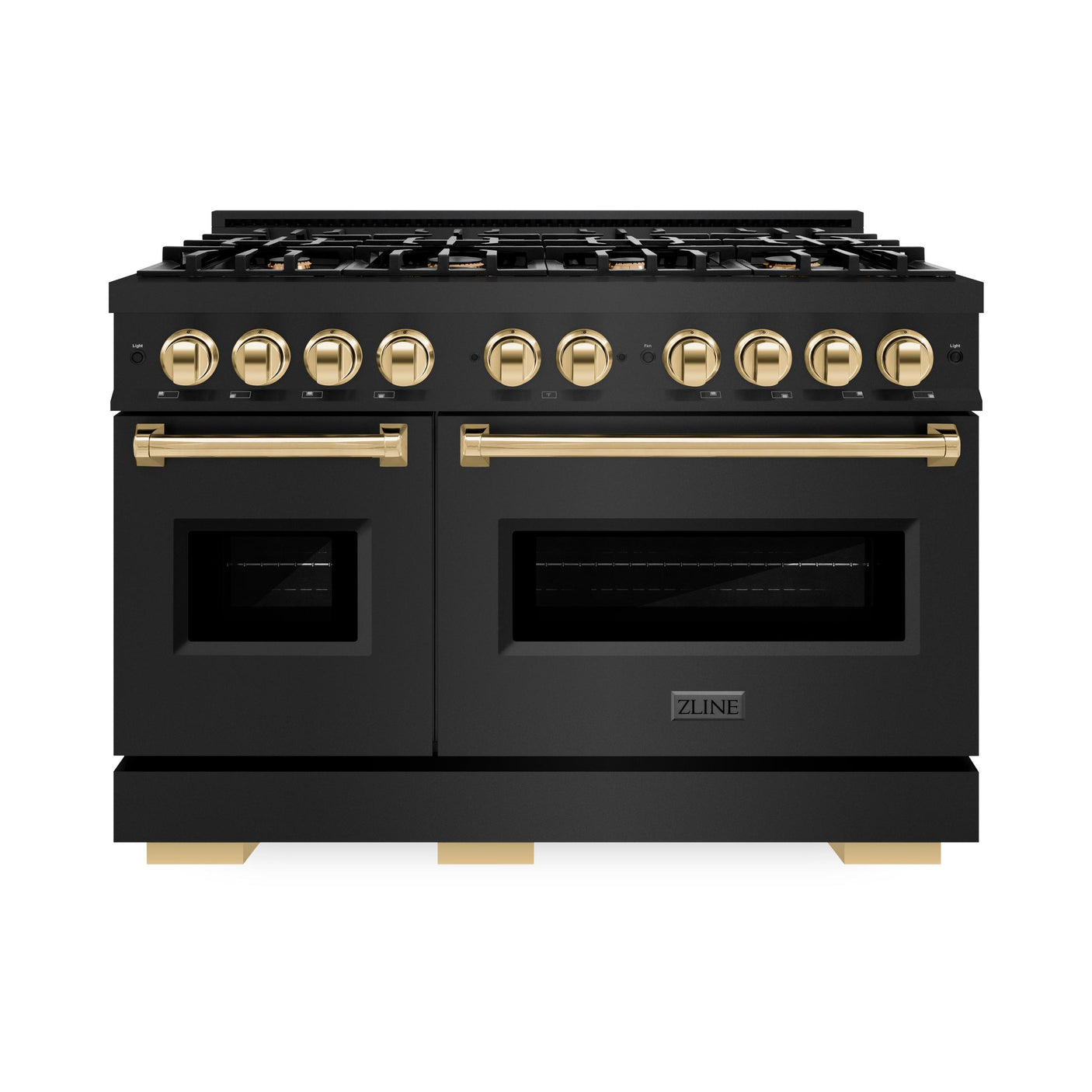 ZLINE Autograph Edition 48 in. 6.7 cu. ft. Classic Double Oven Dual Fuel Range with 8 Burner Gas Cooktop in Black Stainless Steel and Polished Gold Accents (CDRBZ-48-G)