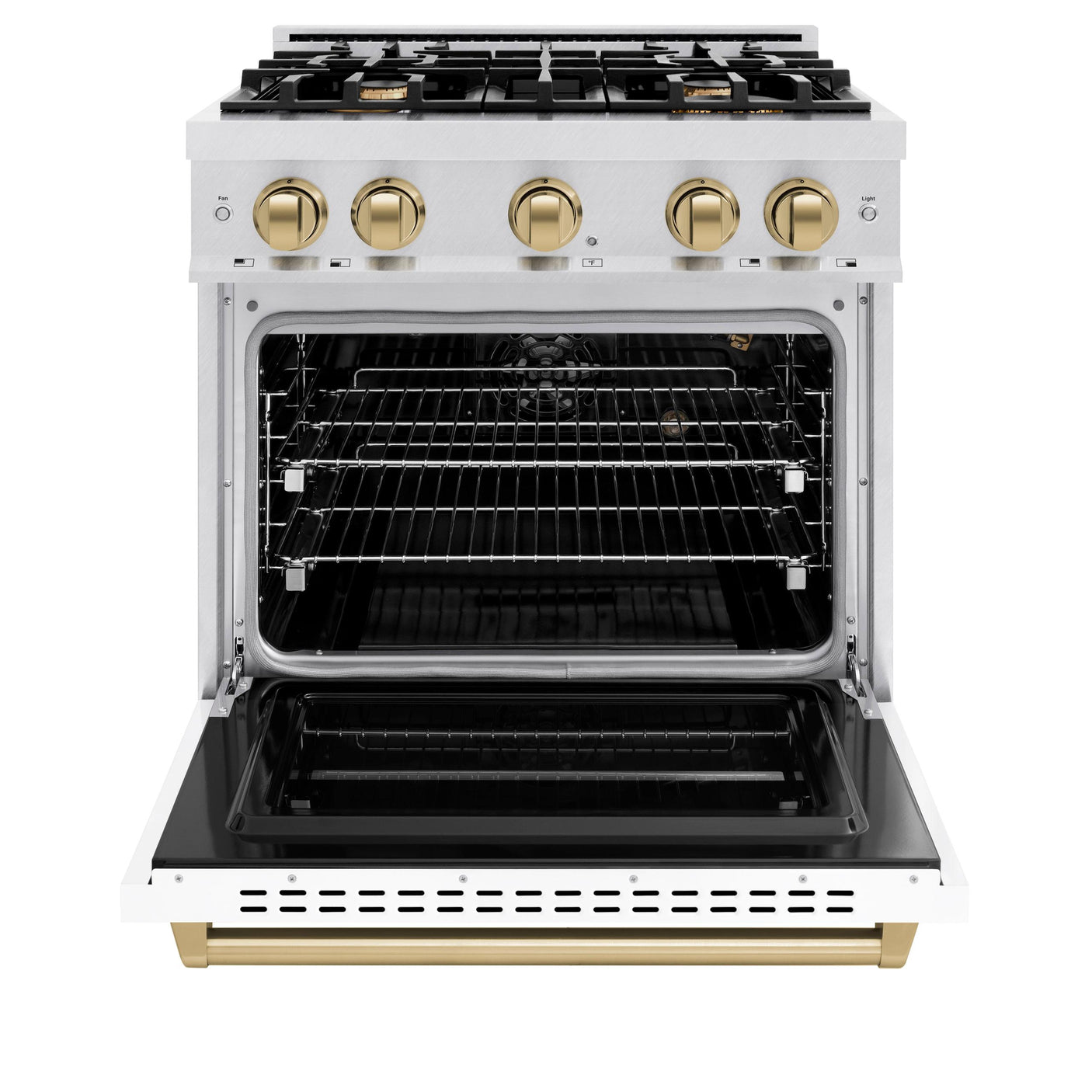 ZLINE Autograph Edition 30 in. 4.2 cu. ft. Classic Gas Range with 4 Burner Cooktop and Convection Gas Oven in DuraSnow' Stainless Steel with White Matte Door and Champagne Bronze Accents (CGRSZ-WM-30-CB)