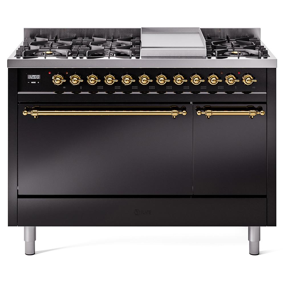 ILVE Nostalgie II 48 UP48FQNMPBKG Freestanding Dual Fuel Range with 8 Sealed Burners Yes Double Oven with Solid Door in Glossy Black with Brass knobs