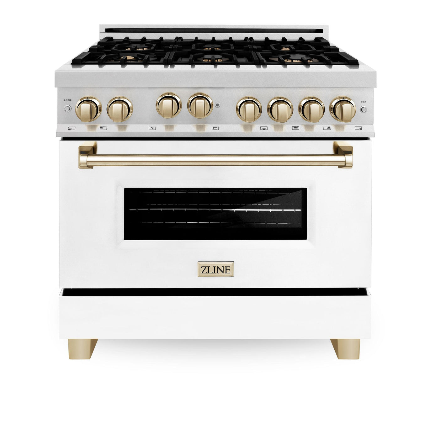 ZLINE 36" 4.6 cu. ft. Range with Gas Stove and Gas Oven in DuraSnow® Stainless Steel with White Matte Door and Accents (RGSZ-WM-36) [Accent: Champagne Bronze]