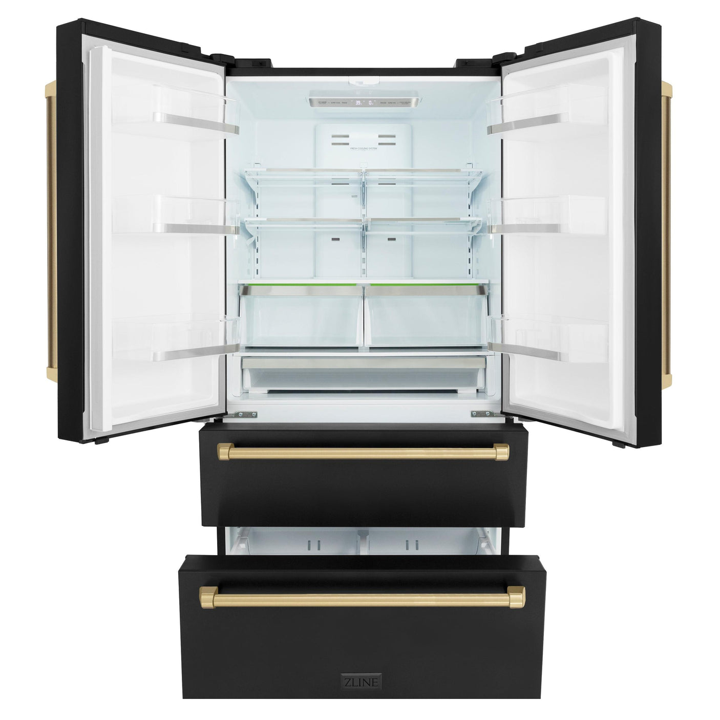 ZLINE 36" Autograph Edition 22.5 cu. ft Freestanding French Door Refrigerator with Ice Maker in Fingerprint Resistant Black Stainless Steel with Accents (RFMZ-36-BS) [Color: Champagne Bronze Accents]