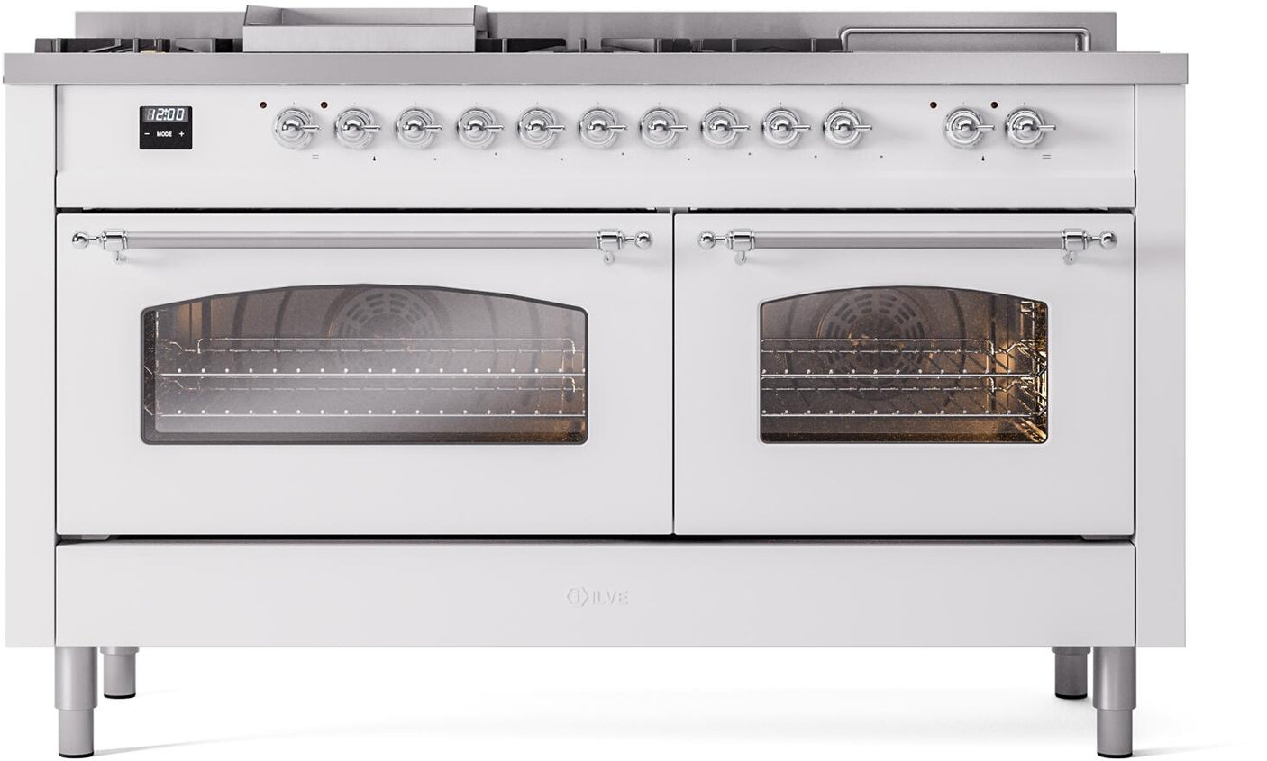 Nostalgie II 60 Inch Dual Fuel Natural Gas Freestanding Range in White with Chrome Trim