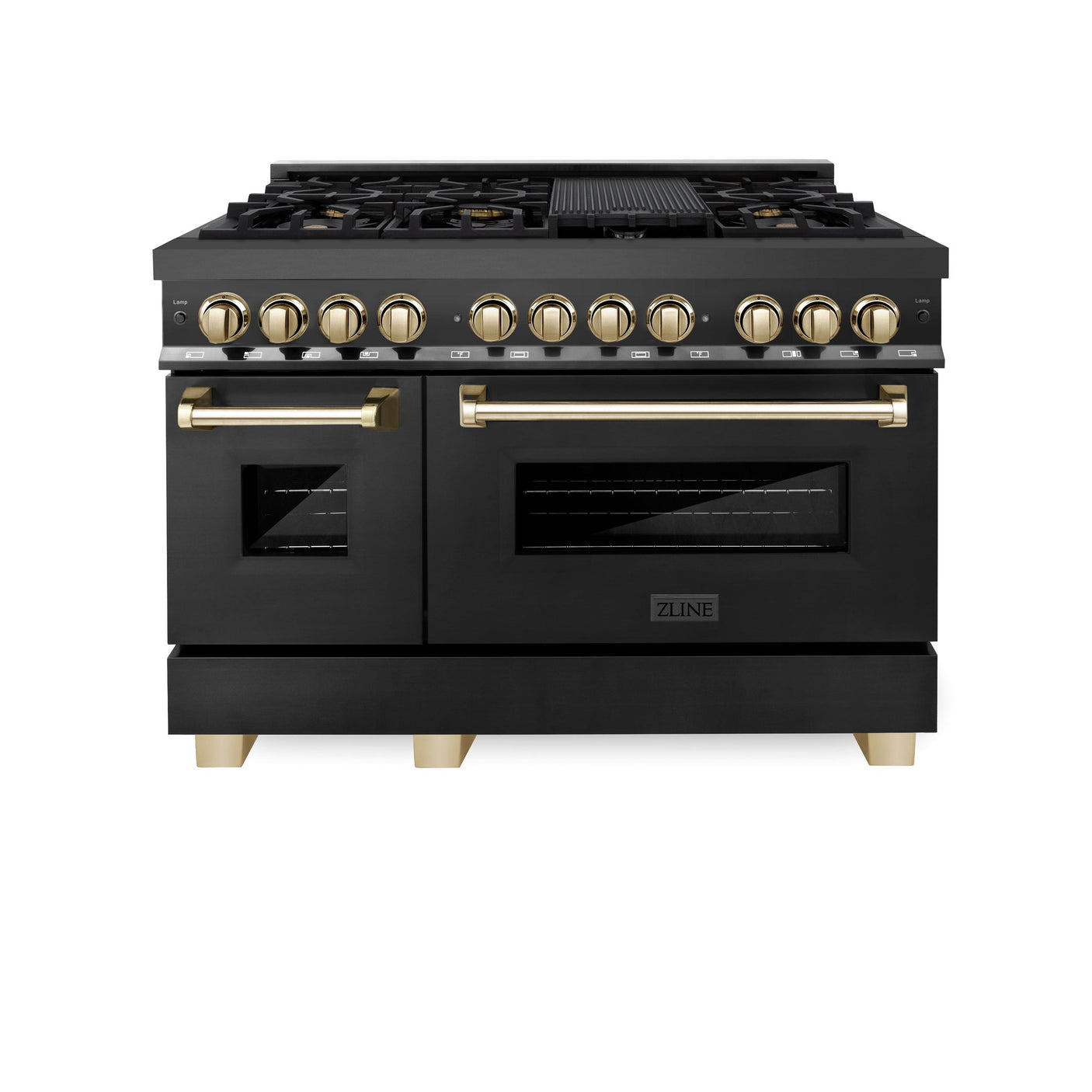 ZLINE Autograph Edition 48" 6.0 cu. ft. Dual Fuel Range with Gas Stove and Electric Oven in Black Stainless Steel with Accents (RABZ-48) [Color: Gold]