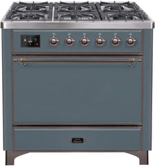 36 Inch Dual Fuel Natural Gas Freestanding Range in Blue Grey with Bronze Trim