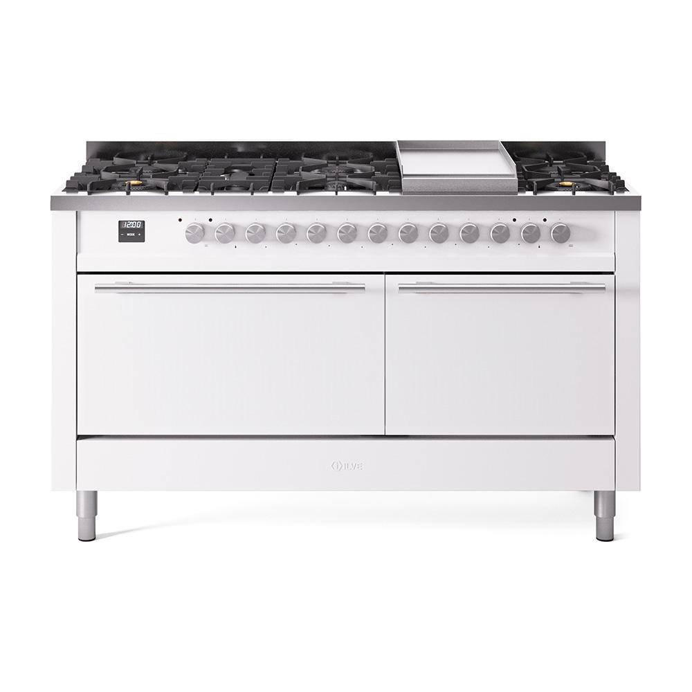 ILVE Professional Plus II 60 UP60FQMPWH Freestanding Dual Fuel Range with 9 Sealed Burners Yes Double Oven with Solid Door in White with Stainless Steel knobs