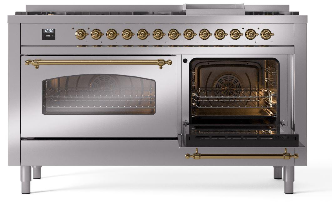 Nostalgie II 60 Inch Dual Fuel Natural Gas Freestanding Range in Stainless Steel with Brass Trim