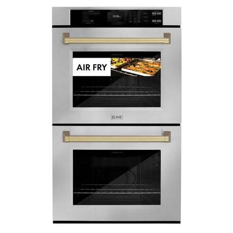 ZLINE 30 in. Autograph Edition Professional True Convection Double Wall Oven with Air Fry and Self Clean in Stainless Steel with Champagne Bronze Handles (WADZ-30-CB)