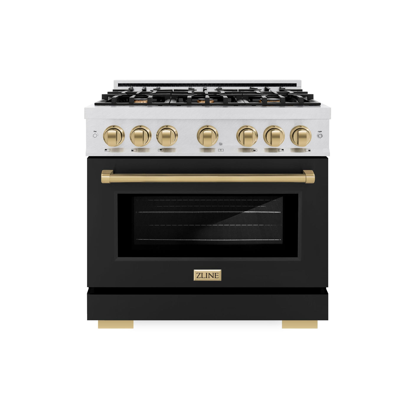 ZLINE Autograph Edition 36 in. 5.2 cu. ft. Select Dual Fuel Range with 6 Burner Gas Cooktop and Electric Convection Oven in DuraSnow' Stainless Steel with Black Matte Door and Champagne Bronze Accents (HDRSZ-BLM-36-CB)