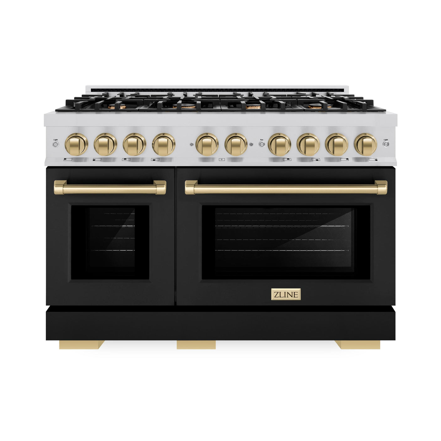 ZLINE Autograph Edition 48 in. 6.7 cu. ft. Select Double Oven Dual Fuel Range with 8 Burner Gas Cooktop in Stainless Steel with Black Matte Doors and Champagne Bronze Accents (HDRZ-BLM-48-CB)