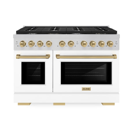 ZLINE Autograph Edition 48 in. 6.7 cu. ft. Paramount Double Oven Dual Fuel Range with 8 Burner Gas Cooktop in Stainless Steel with White Matte Doors and Champagne Bronze Accents (SDRZ-WM-48-CB)