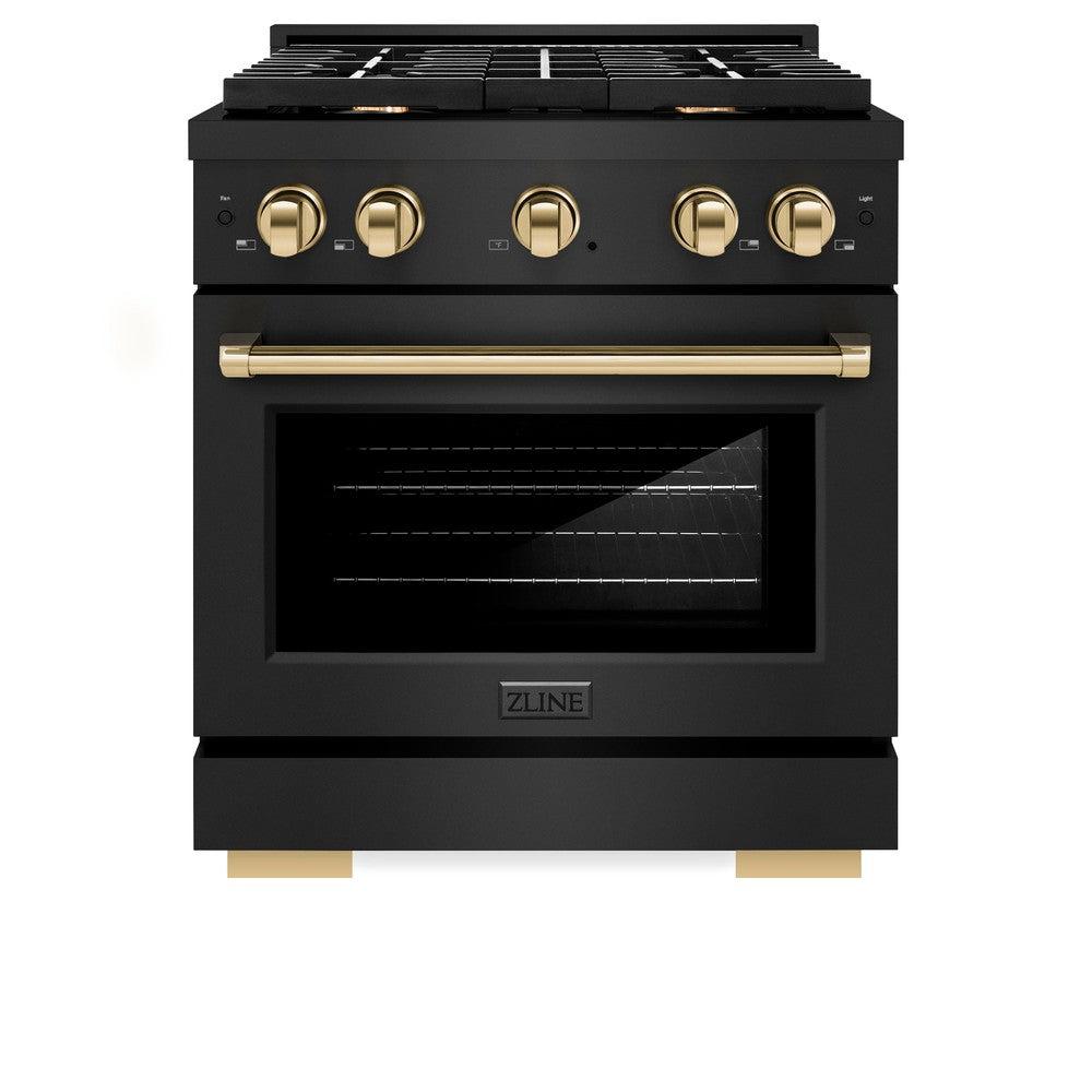 ZLINE Autograph Edition 30 in. 4.2 cu. ft. Paramount Dual Fuel Range with 4 Burner Gas Cooktop and Electric Convection Oven in Black Stainless Steel with Polished Gold Accents (SDRBZ-30-G)