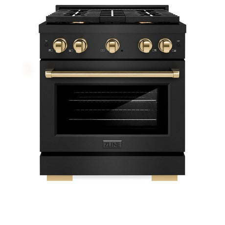 ZLINE Autograph Edition 30 in. 4.2 cu. ft. Paramount Dual Fuel Range with 4 Burner Gas Cooktop and Electric Convection Oven in Black Stainless Steel with Polished Gold Accents (SDRBZ-30-G)