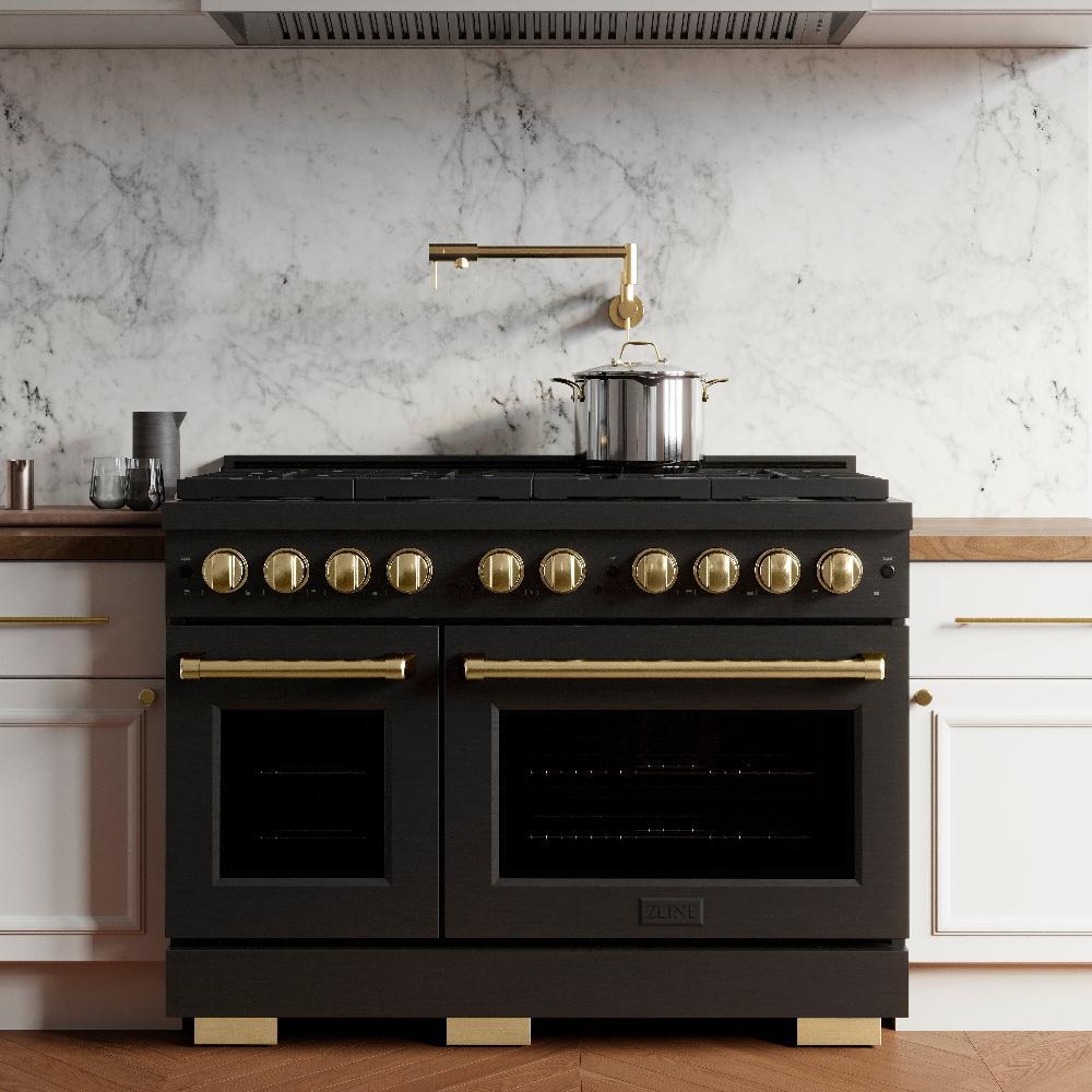 ZLINE Autograph Edition 48 in. 6.7 cu. ft. Paramount Double Oven Dual Fuel Range with 8 Burner Gas Cooktop in Black Stainless Steel and Polished Gold Accents (SDRBZ-48-G)