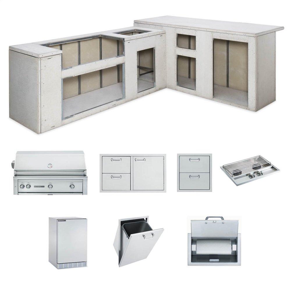 RTF Island Package includes: L700 Grill, 42" Access Doors, Double Side Burner, Refrigerator, Paper Towel Dispenser, Trash Center, Double Drawers