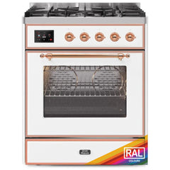 ILVE Majestic II 30 UM30DNE3RAP Freestanding Dual Fuel Range with 5 Sealed Burners Single Oven with Triple Glass Door in RAL Color with Copper knobs