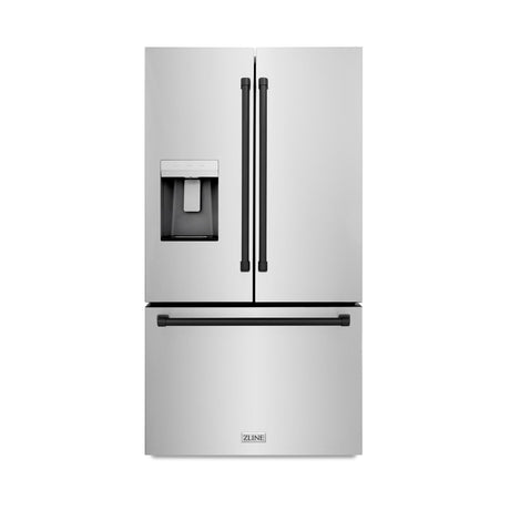 ZLINE Autograph Edition 36 in. 28.9 cu. ft. Standard-Depth French Door External Water Dispenser Refrigerator with Dual Ice Maker in Fingerprint Resistant Stainless Steel and Matte Black Traditional Handles (RSMZ-W-36-MB)