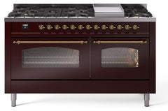 Nostalgie II 60 Inch Dual Fuel Liquid Propane Freestanding Range in Burgundy with Brass Trim