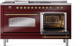 Nostalgie II 60 Inch Dual Fuel Natural Gas Freestanding Range in Burgundy with Brass Trim