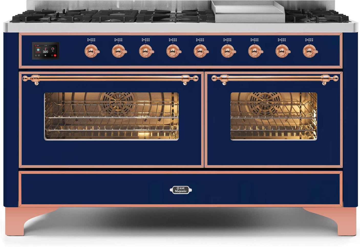 Majestic II 60 Inch Dual Fuel Natural Gas Freestanding Range in Blue with Copper Trim