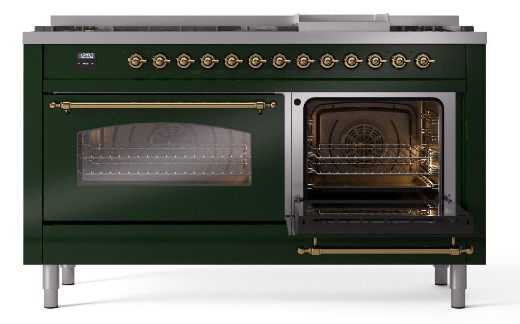 Nostalgie II 60 Inch Dual Fuel Natural Gas Freestanding Range in Emerald Green with Brass Trim