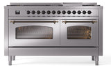 Nostalgie II 60 Inch Dual Fuel Natural Gas Freestanding Range in Stainless Steel with Bronze Trim