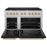 ZLINE Autograph Edition 48 in. 6.7 cu. ft. Paramount Double Oven Dual Fuel Range with 8 Burner Gas Cooktop in DuraSnow' Stainless Steel with Black Matte Door and Polished Gold Accents (SDRSZ-BLM-48-G)