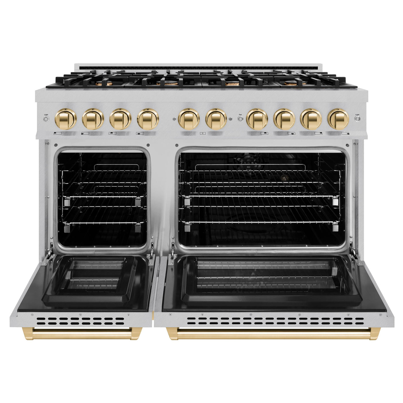 ZLINE Autograph Edition 48 in. 6.7 cu. ft. Select Double Oven Dual Fuel Range with 8 Burner Gas Cooktop in DuraSnow' Stainless Steel and Polished Gold Accents (HDRSZ-48-G)