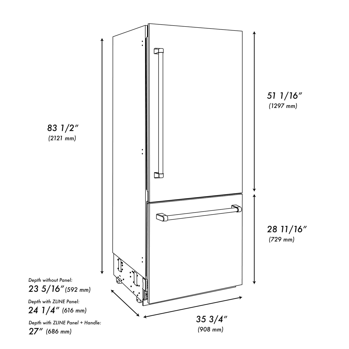 ZLINE Autograph Edition 36 in. 19.8 cu. ft. Built-In Bottom Freezer Refrigerator with Water Dispenser and Ice Maker in DuraSnow' Stainless Steel with Graphite Gray Interior and Matte Black Accents (GRBITZ-SN-36-MB)