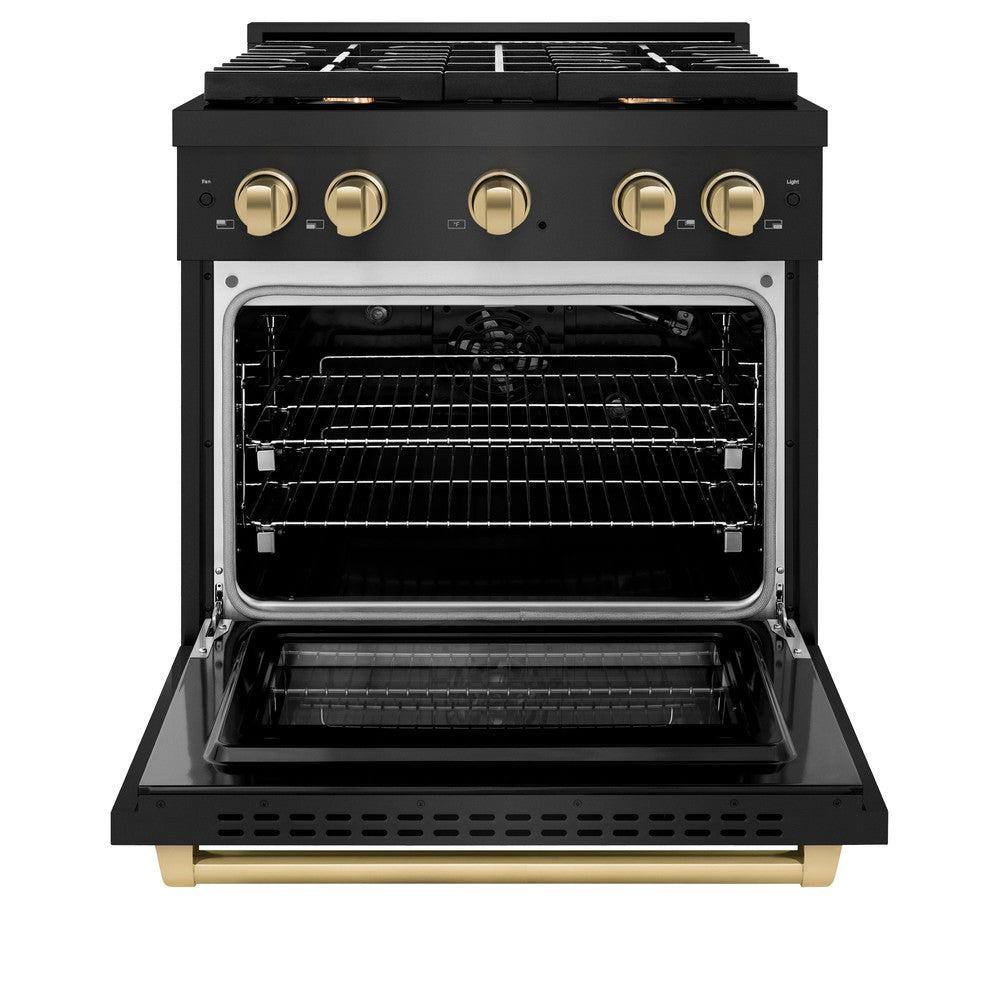 ZLINE Autograph Edition 30 in. 4.2 cu. ft. Paramount Dual Fuel Range with 4 Burner Gas Cooktop and Electric Convection Oven in Black Stainless Steel with Champagne Bronze Accents (SDRBZ-30-CB)