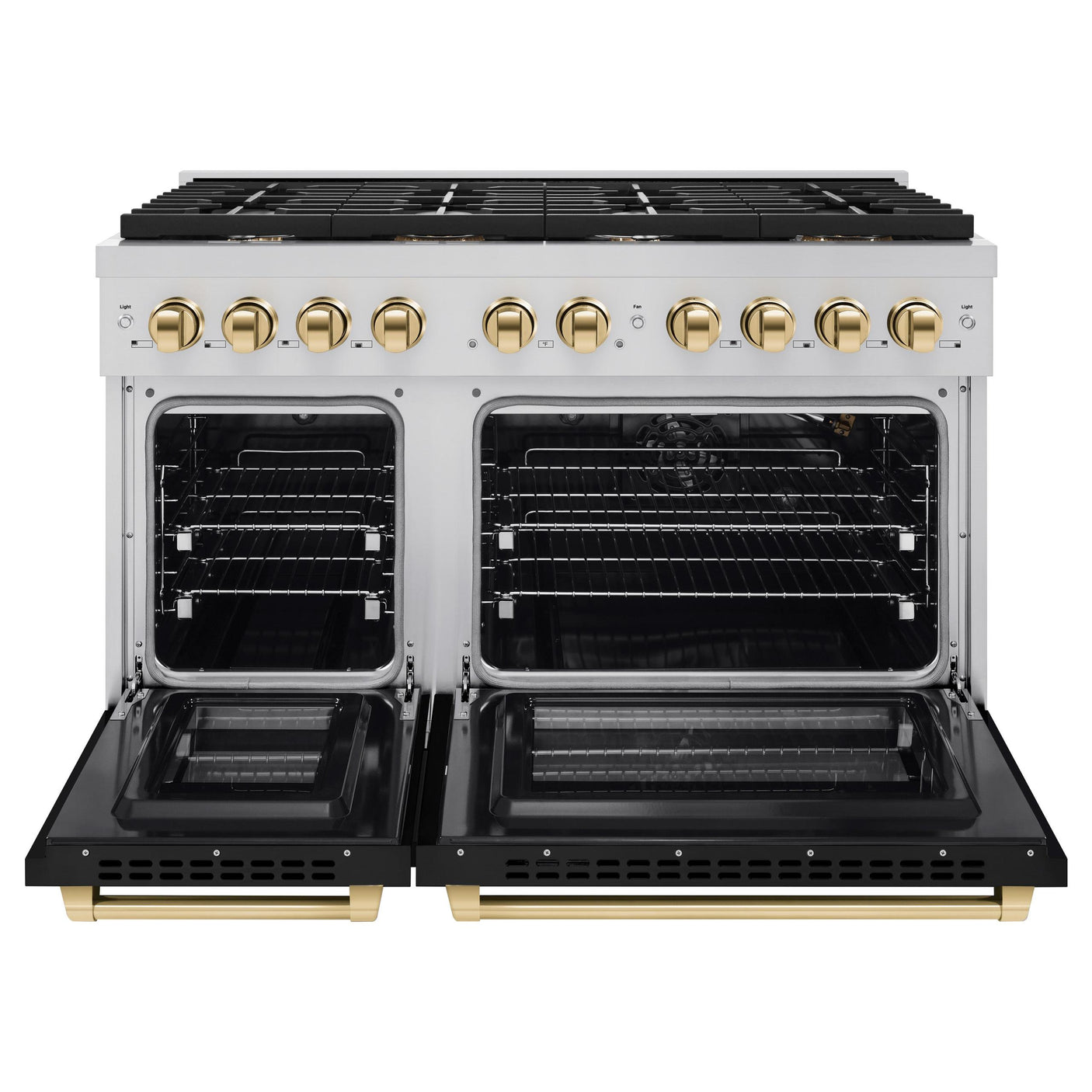 ZLINE Autograph Edition 48 in. 6.7 cu. ft. Paramount Double Oven Gas Range with 8 Burner Cooktop in Stainless Steel with Black Matte Doors and Polished Gold Accents (SGRZ-BLM-48-G)