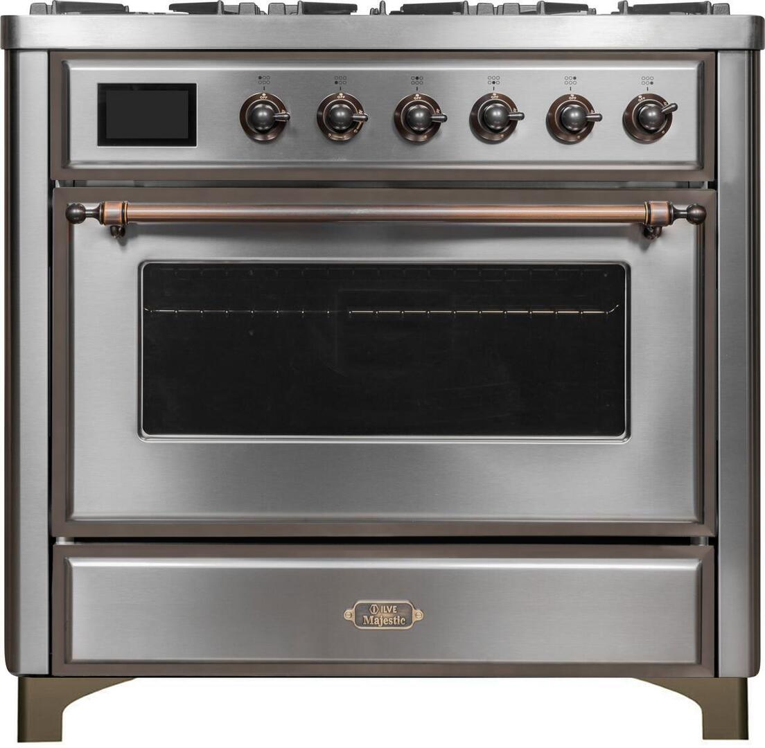 Majestic II 36 Inch Dual Fuel Liquid Propane Freestanding Range in Stainless Steel with Bronze Trim