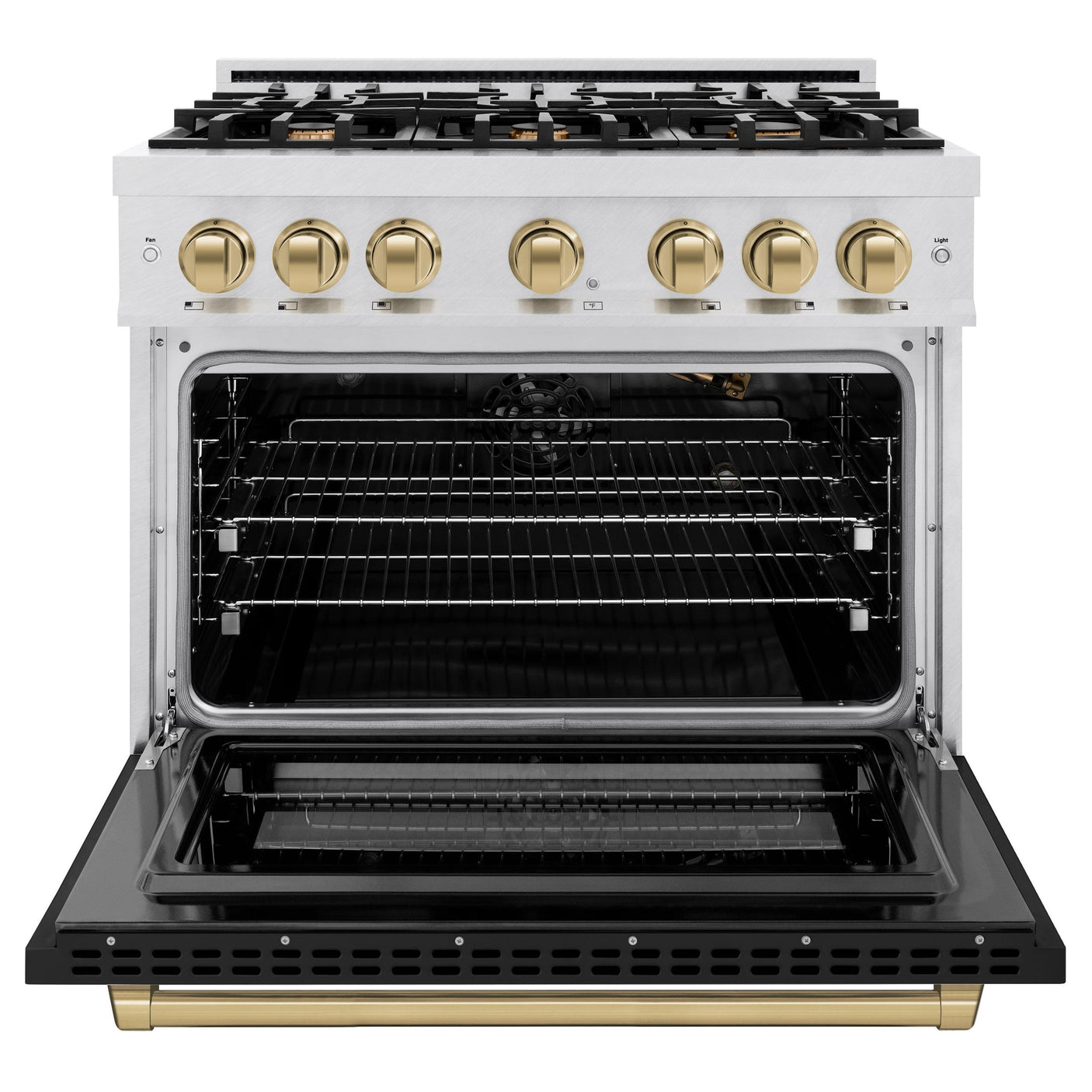 ZLINE Autograph Edition 36 in. 5.2 cu. ft. Select Gas Range with 6 Burner Cooktop and Convection Gas Oven in DuraSnow' Stainless Steel with Black Matte Door and Champagne Bronze Accents (HGRSZ-BLM-36-CB)