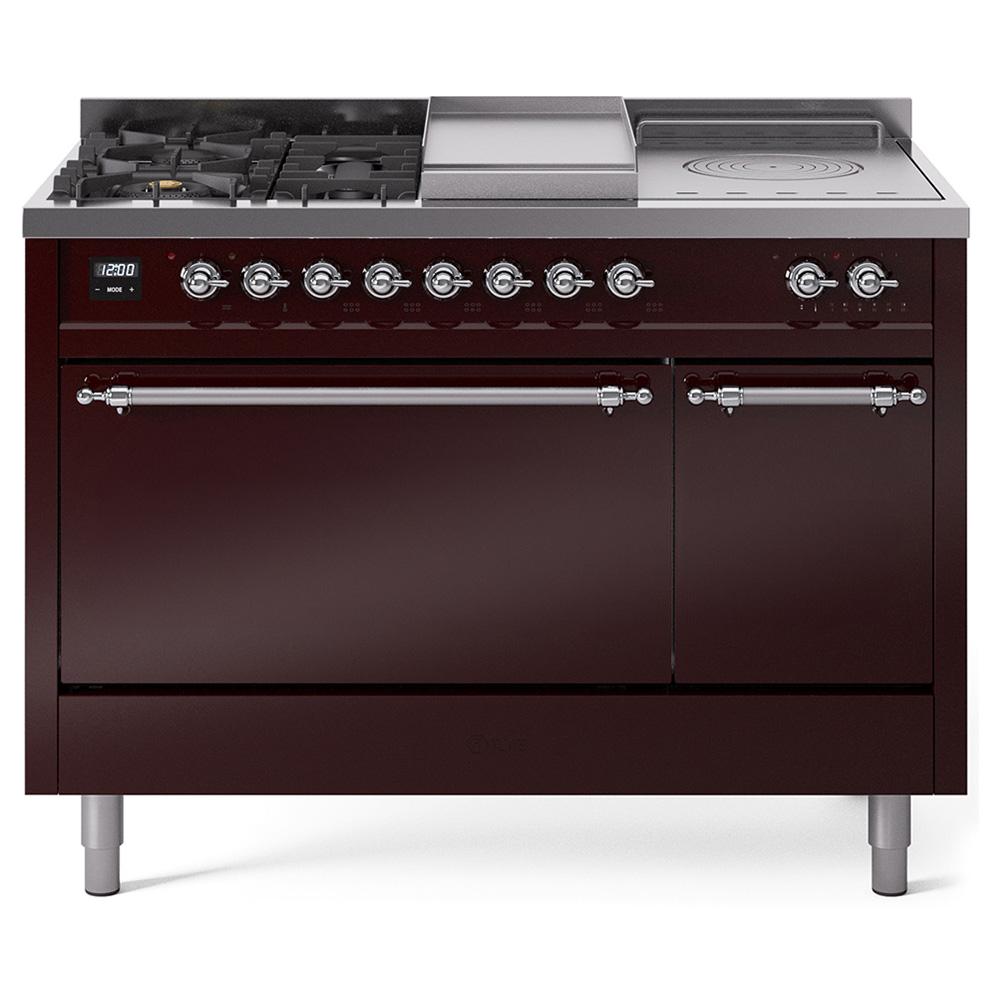 ILVE Nostalgie II 48 UP48FSQNMPBUC Freestanding Dual Fuel Range with 5 Sealed Burners Yes and French Top Double Oven with Solid Door in Burgundy with Chrome knobs