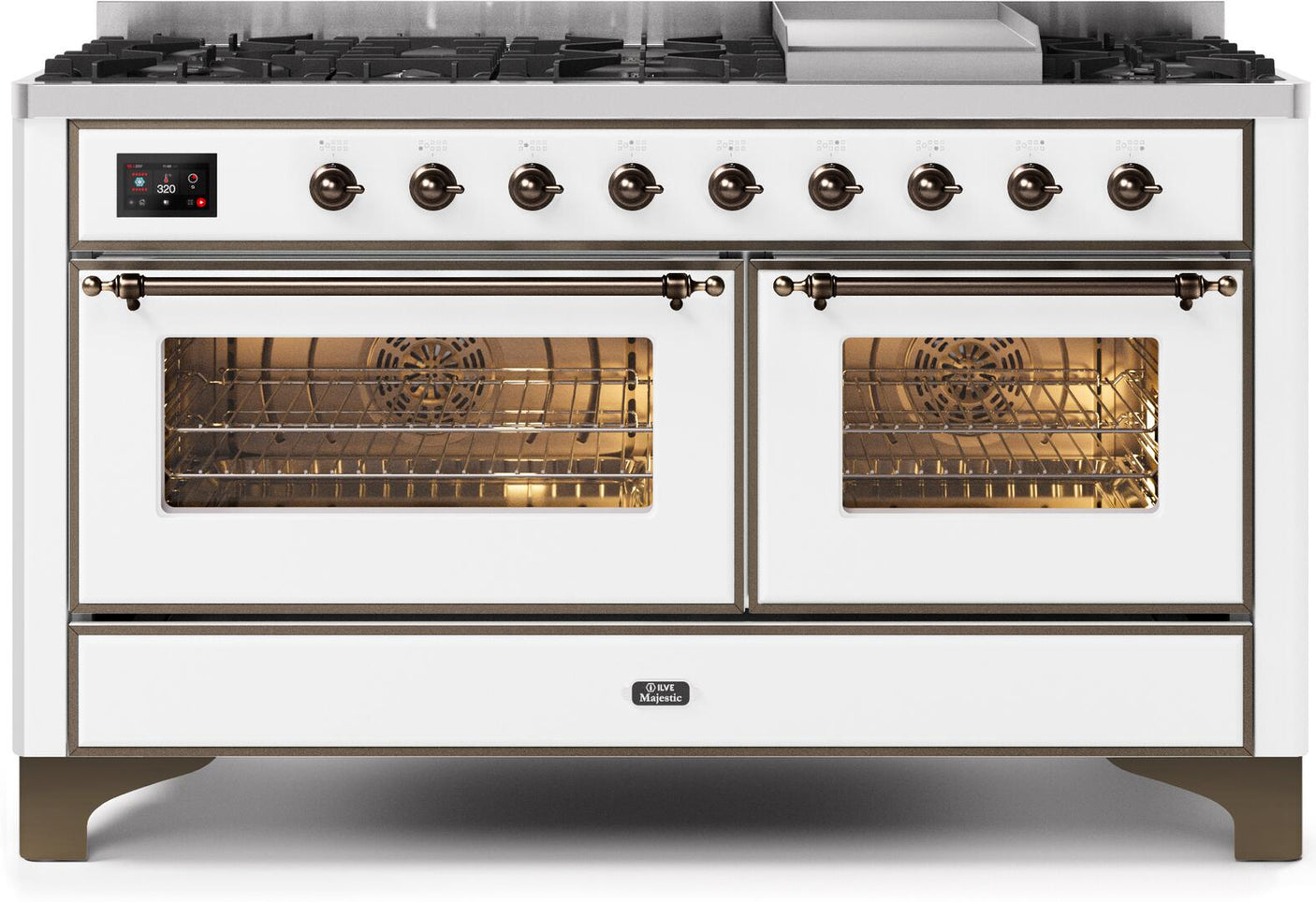 Majestic II 60 Inch Dual Fuel Natural Gas Freestanding Range in White with Bronze Trim