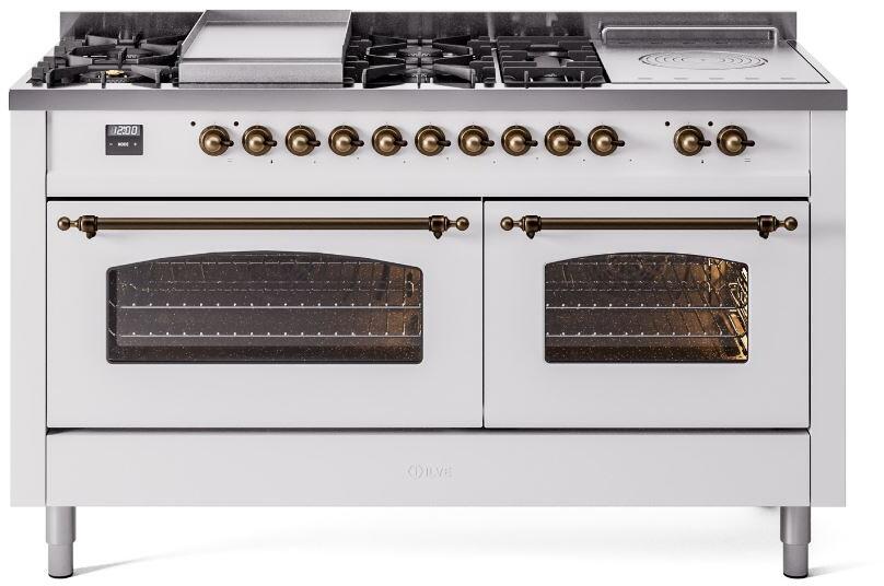 Nostalgie II 60 Inch Dual Fuel Liquid Propane Freestanding Range in White with Bronze Trim