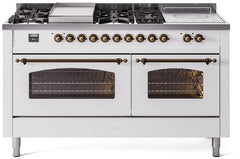 Nostalgie II 60 Inch Dual Fuel Liquid Propane Freestanding Range in White with Bronze Trim