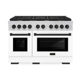 ZLINE Autograph Edition 48 in. 6.7 cu. ft. 8 Burner Double Oven Gas Range in Stainless Steel with White Matte Doors and Matte Black Accents (SGRZ-WM-48-MB)