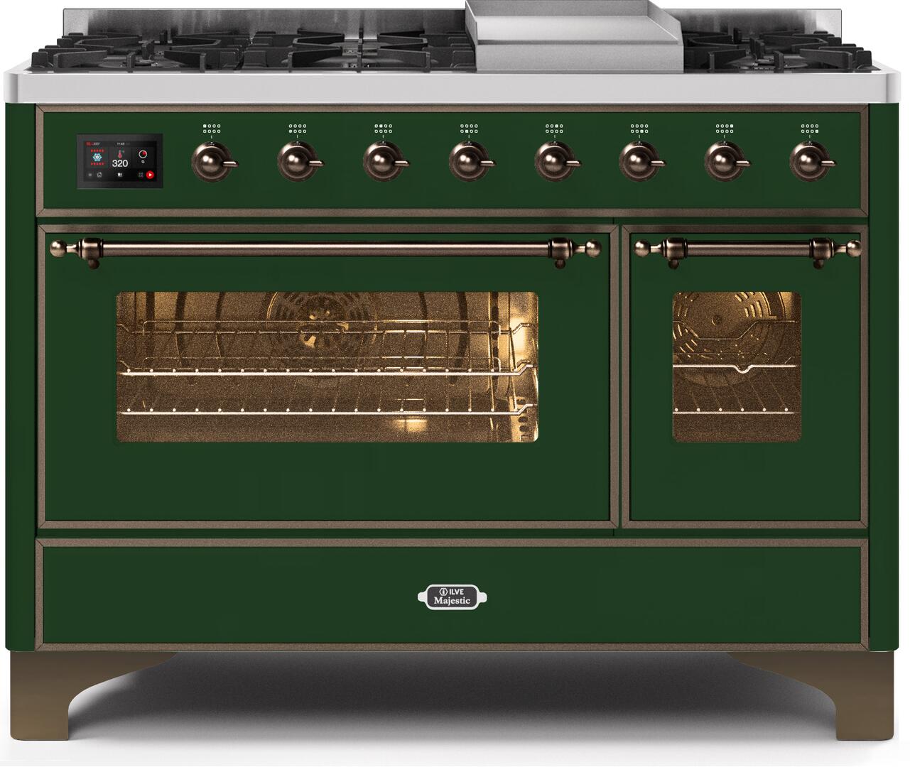 Majestic II 48 Inch Dual Fuel Liquid Propane Freestanding Range in Emerald Green with Bronze Trim