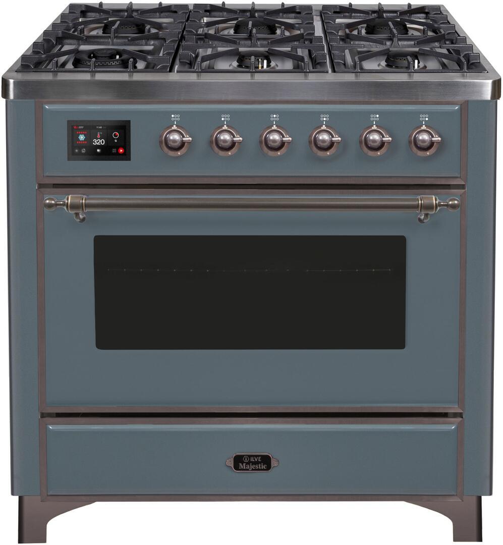 Majestic II 36 Inch Dual Fuel Natural Gas Freestanding Range in Blue Grey with Bronze Trim