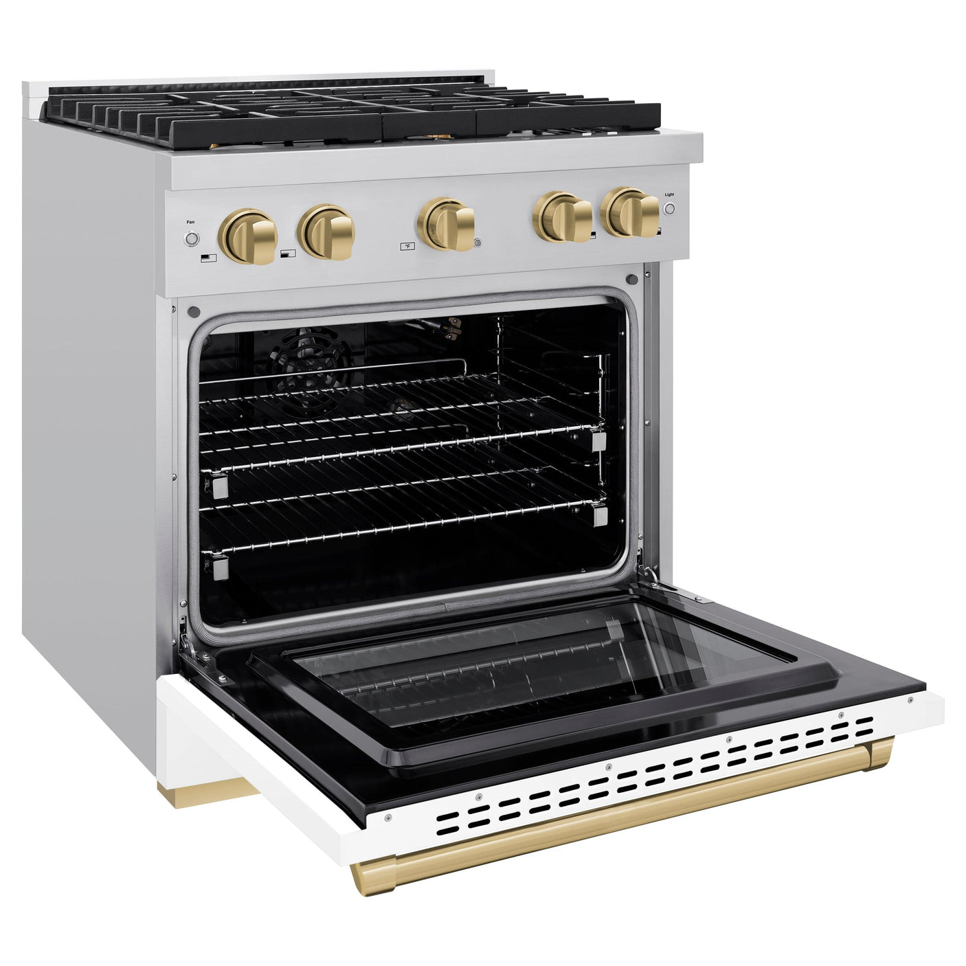 ZLINE Autograph Edition 30 in. 4.2 cu. ft. 4 Burner Gas Range with Convection Gas Oven in Stainless Steel with White Matte Door and Champagne Bronze Accents (SGRZ-WM-30-CB)